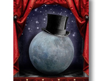 Moon Circus Print Art Night Sky Red Grey Surreal Home Decor Astronomy Celestial Theater