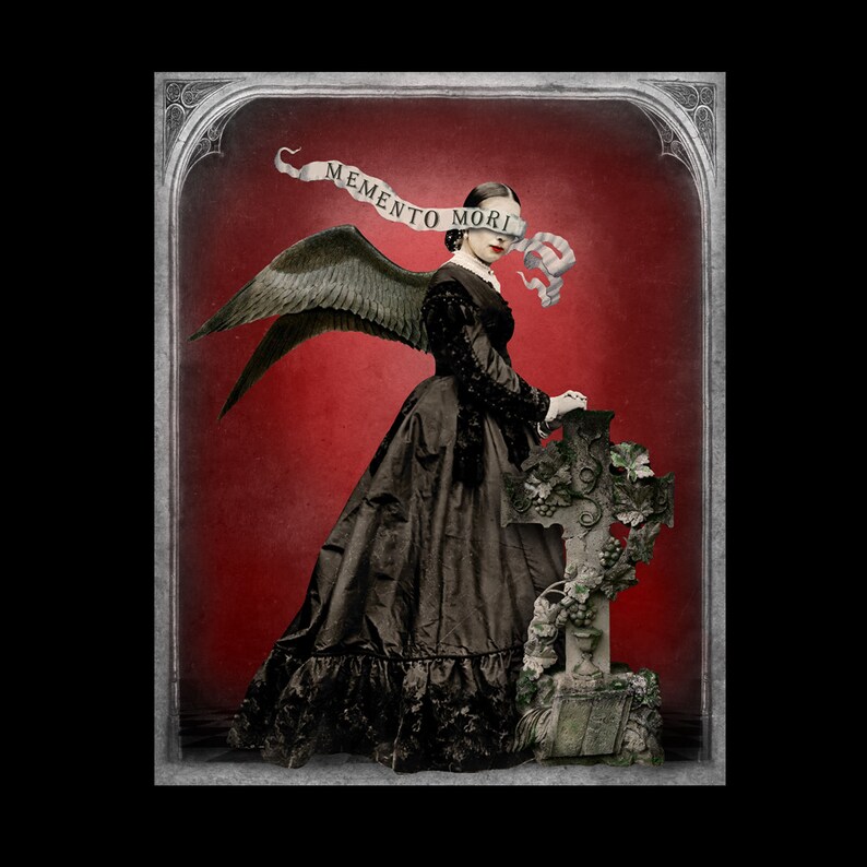 May include: A vintage-style artwork featuring a woman in a black dress with angel wings and a banner reading "Memento Mori." The background is a deep red, and the woman is standing next to a stone cross adorned with vines.
