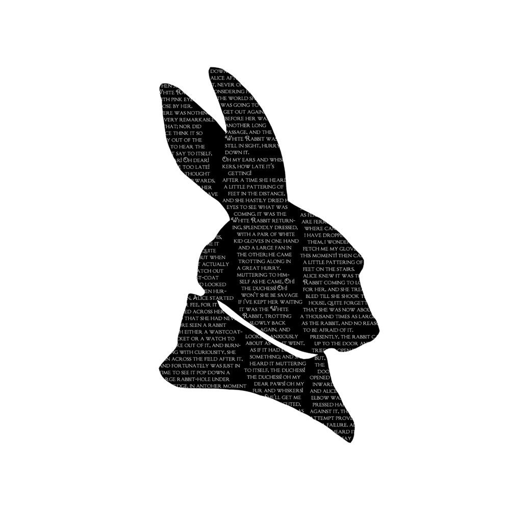 Conejo blanco Alicia en el país de las maravillas Silueta Imprimir Blanco y negro Cita de Lewis Carroll Literatura