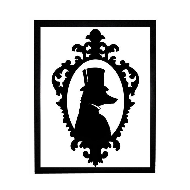 The Fox Gentleman Silhouette Art Print Black and White Top Hat Victorian image 3