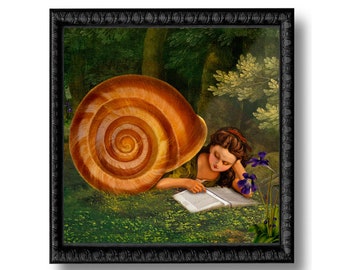 Reading Snail Girl Portrait Flowers Print Digital Art Surreal Home Decor Red Green Unusual Woodland Fantasy