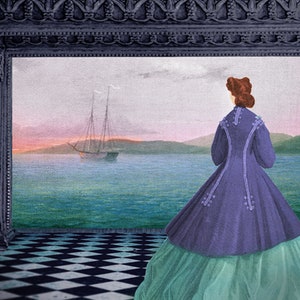 May include: A woman in a purple dress and green skirt stands in a room with a checkered floor, looking out a window at a sailboat on a body of water.