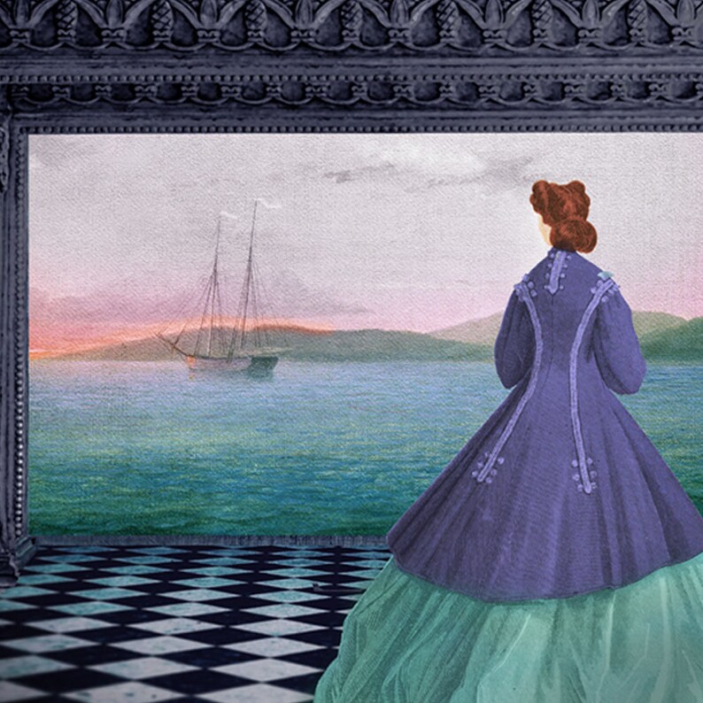 May include: A woman in a purple dress and green skirt stands in a room with a checkered floor, looking out a window at a sailboat on a body of water.
