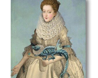 Lagarto con volantes Impresión Arte Surrealista Decoración del hogar Retrato Dama Collar con volantes Isabelino Inusual Azul