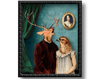 The Serenade Deer Bird Sparrow Surreal Art Print Portrait Blue Woodland Fairytale Fantasy