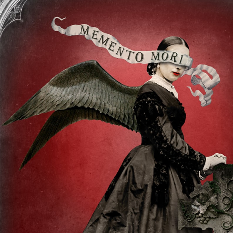 May include: A vintage-style digital art piece featuring a woman with dark wings and a black dress against a red background. A banner across her eyes reads "Memento Mori." The artwork has a gothic, Victorian aesthetic.