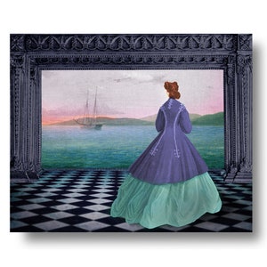 May include: A woman in a purple and green dress stands in a room with a checkered floor, looking out a window at a sailboat on a body of water.