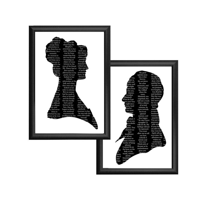 Pride And Prejudice Elizabeth Bennet Mr. Darcy Silhouette Print Set Black and White Quote Jane Austen image 1