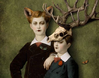 Bos kinderen hert vos bos portret groen kunst print surrealistisch hert schedel gewei