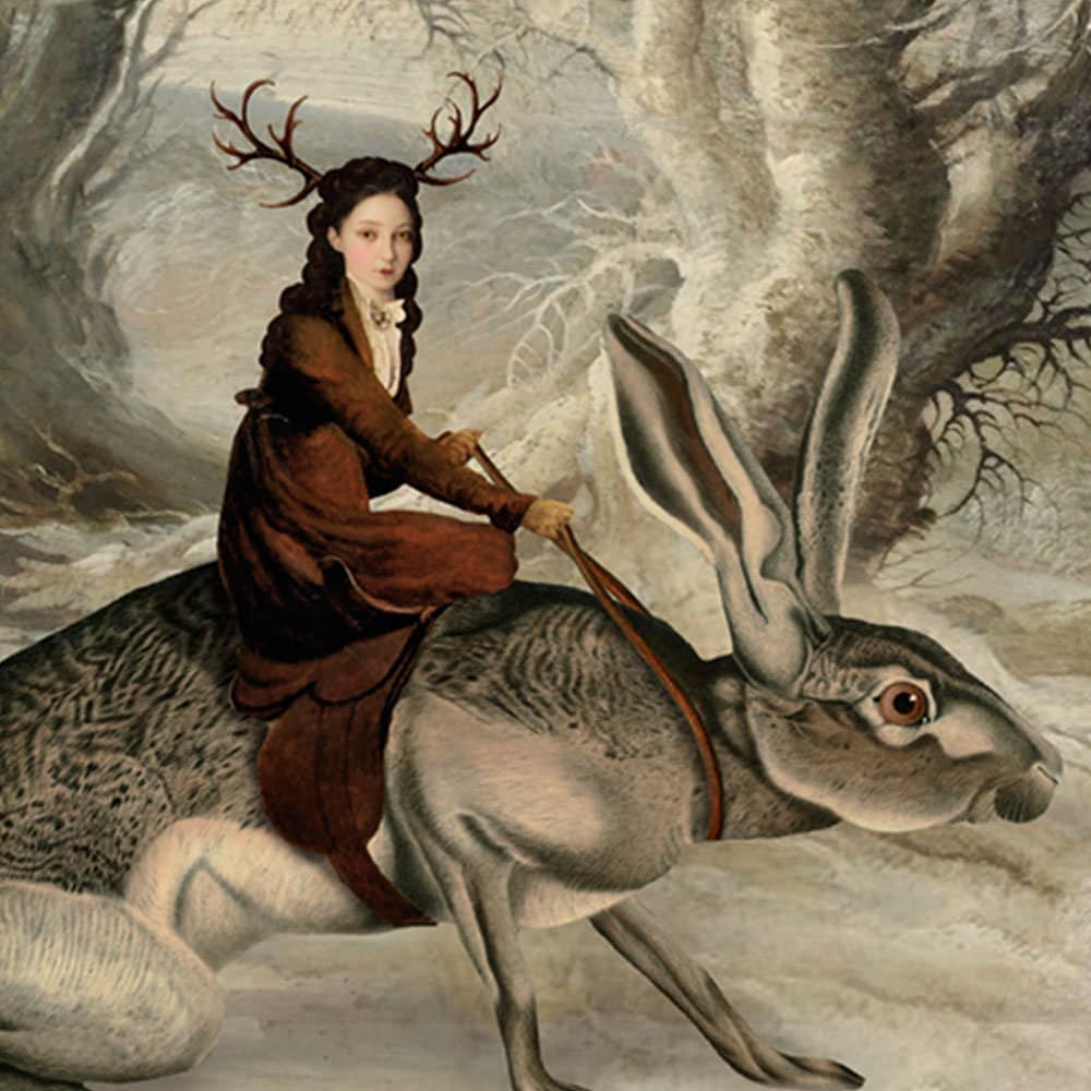 Rabbit Rider Print Art White Brown Surreal Home Decor Bunny