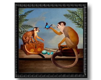 Still Life with Monkeys Art Print Natural History Butterfly Robin Egg Blue Morpho