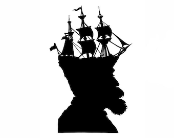 The Captain Nautical Silhouette Print Pirate Ship Black and White Beach House Decor
