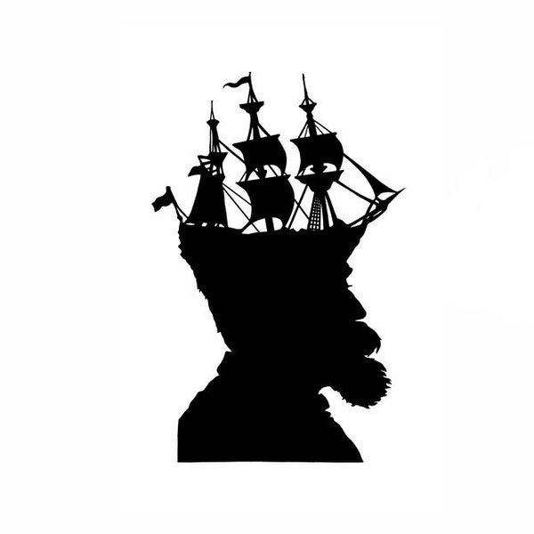 The Captain Nautical Silhouette Print Pirate Ship Black and White Beach House Decor