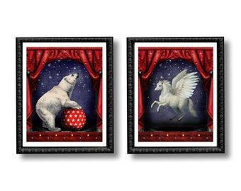 Polar Bear Pegasus Ursa Major Star Circus Constellation Print Set Art Red White Surreal Home Decor Astronomy Celestial Theater Horse