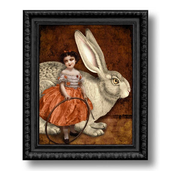 White Rabbit Circus Print Art Orange Surreal Home Decor Bunny Hare