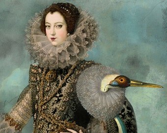 Bird Portrait Lady Heron Crane Stork Elizabethan Print Art Blue Grey Surreal Home Decor Gold