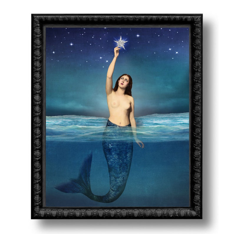 Mermaid and Star Nautical Ocean Blue Print Art Surreal Home Decor Beach House Fish Stars Night Sky Astronomy Celestial image 1