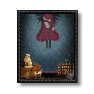 May include: A framed illustration of a girl in a red dress floating in a room with a cat, a toy horse, and a miniature house. The room has a blue and white patterned wallpaper.