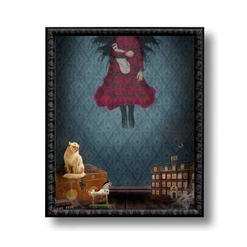 May include: A framed illustration of a girl in a red dress floating in a room with a cat, a toy horse, and a miniature house. The room has a blue and white patterned wallpaper.