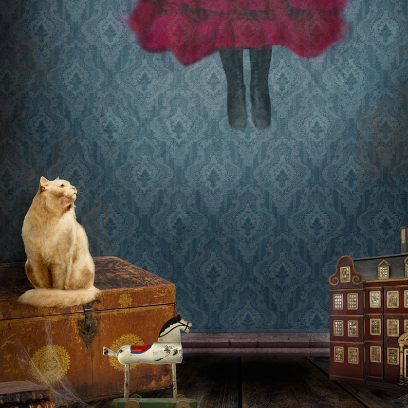 May include: A vintage-style toy rocking horse with a red and white saddle, a wooden chest with a cat sitting on top, and a miniature dollhouse with red and white accents against a blue patterned wallpaper background.