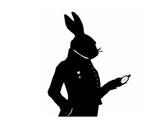 The White Rabbit Alice In Wonderland Silhouette Print Black and White Bunny Hare Lewis Carroll