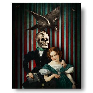 Skull Death And The Maiden Print Art Surreal Home Decor Goth Halloween Circus Crow Portrait
