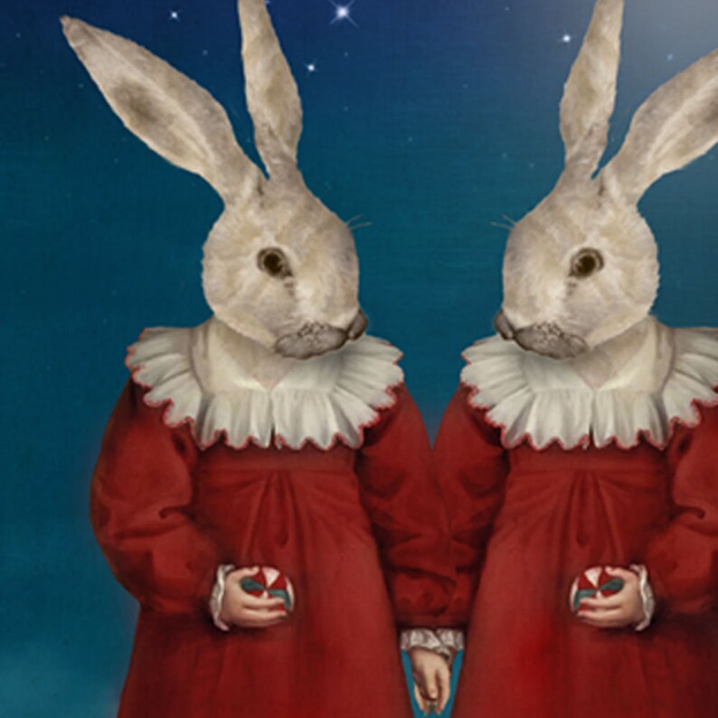 Twin White Rabbits  Moon Portrait Print Digital Art  Surreal  