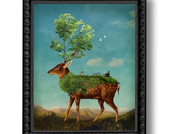 Deer Forest Woodland Portrait Green Art Print Surreal Stag Trees Buck Fantasy Fairytale