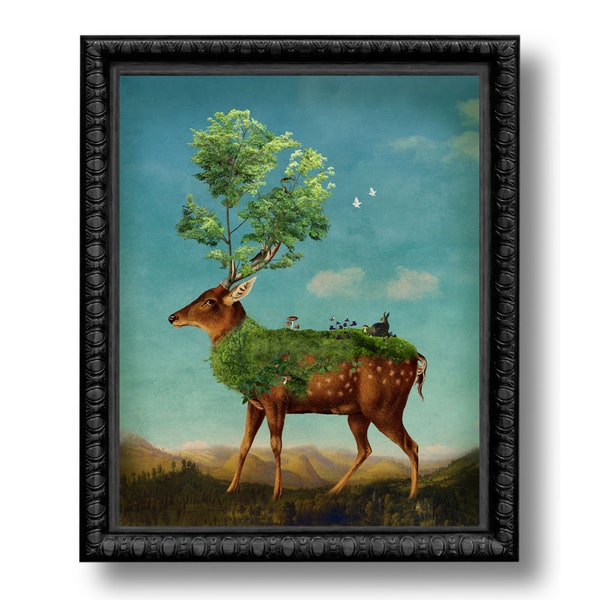 Deer Forest Woodland Portrait Green Art Print Surreal Stag Trees Buck Fantasy Fairytale