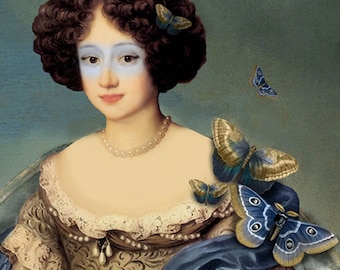 Polillas de mariposa azul Imprimir Arte Azul Gris Surrealista Decoración para el hogar Taupe