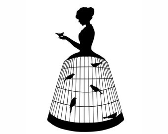 Birdcage Dress Silhouette Print Black and White Birds Victorian Unusual