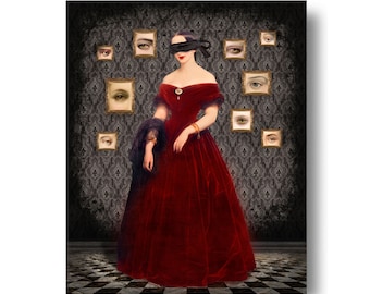 Lovers' Eyes Art Print Surreal Fantasy Fairytale Lover's Eye Goth Black and Red Blindfold