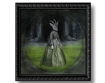 May include: A framed artwork featuring a woman with a deer head in a dark forest setting. She is wearing a long, dark green dress and standing in a clearing. The background is a dark forest with tall trees and a foggy atmosphere.