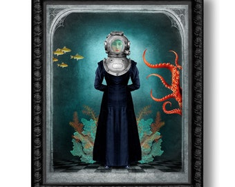 Deep Sea Diver Octopus Nautical Print Art Surreal Portrait Home Decor Blue Sea Fan Squid Tentacles