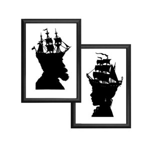 Capitán Náutica Silueta Impresión Set Pirate Ship Negro y Blanco Playa Casa Decoración