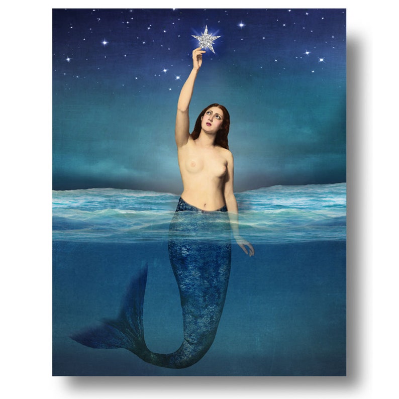 Mermaid and Star Nautical Ocean Blue Print Art Surreal Home Decor Beach House Fish Stars Night Sky Astronomy Celestial image 2