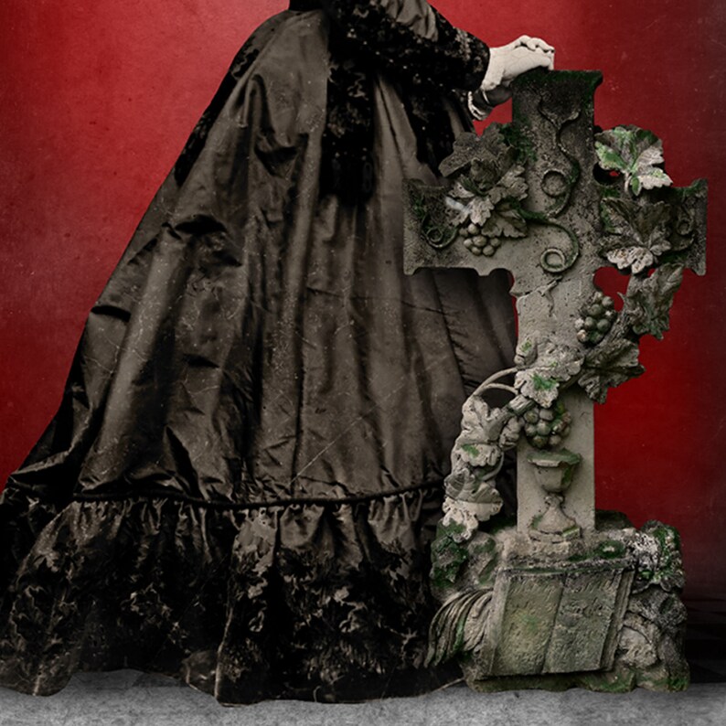 May include: A vintage-style image featuring a person in a long black dress with a decorative cross. The cross is made of stone, adorned with grape vines and leaves, and has a weathered appearance. The background is a deep red.