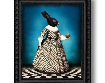 Rabbit Black and White Print Art Surreal Home Decor Bunny Hare Golden Ball