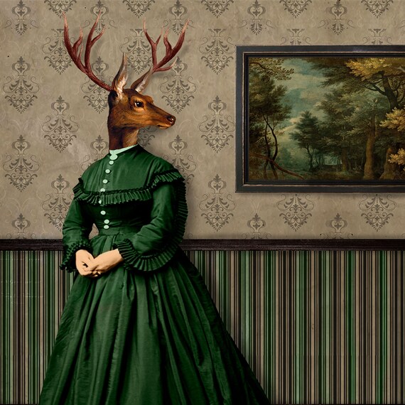 Deer Lady Portrait Print Art Surreal Home Decor Woodland Deer Stag Green  Forest Fairytale - Etsy