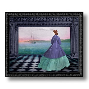 May include: A woman in a purple coat and green skirt stands in a room with a black and white checkered floor. She looks out a large window at a sailboat on the water. The sky is a soft pink and purple.