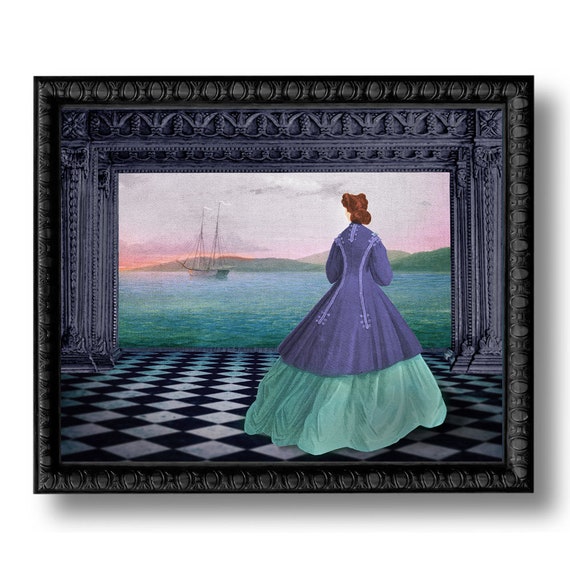 Watching Ships Nautical Print Blue Grey Surreal Home Decor Beach House Sailboat Ship Boat