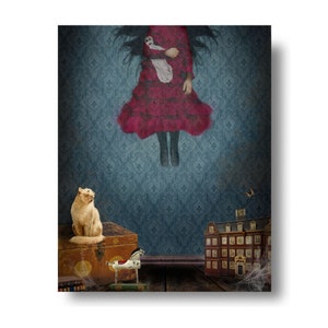 May include: A young girl in a red dress floats in mid-air in a room with blue patterned wallpaper. A cat sits on a wooden chest, and a toy rocking horse is on the floor. A small model of a building is in the foreground.