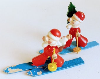 Vintage Wooden Skiing Santa Pair *  Mid Century * Italy * Erzgebirge * Vintage Christmas * Italy * Sevi