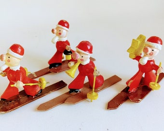 Vintage Sevi Wooden Skiing Santa Set *  Mid Century * Italy * Erzgebirge * Original Box * Vintage Christmas
