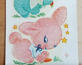 Vintage Duro Decals - Adorable Pink and Aqua Polka Dot Bunnies - 926A - Vintage Nursery