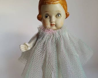 Vintage Large Porcelain Bisque Doll  * Made in Japan * Tulle Dress * 7 inches