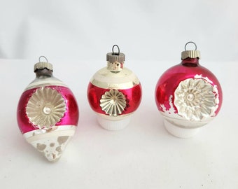 3 Vintage Double Sided Indent Glass Christmas Ornaments * Shiny Brite * Red Silver * Made in USA * Shabby * Age Wear * 60s