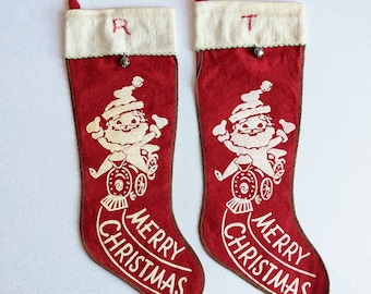 Vintage Printed Christmas Stocking * Red Flannel * Midcentury * Santa * Merry Christmas
