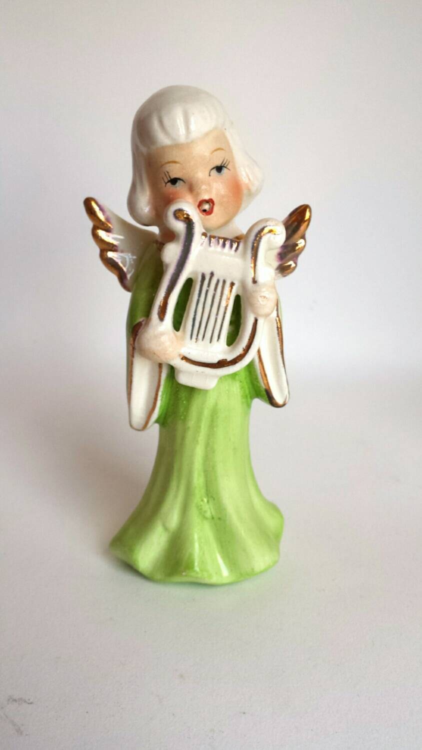 Vintage Porcelain Angel Christmas Figurine with Harp Etsy