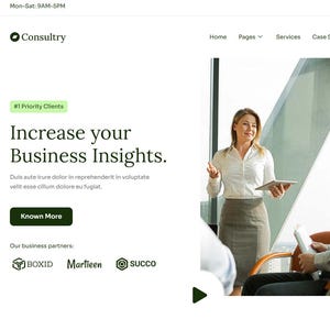 May include: Website design featuring the Consultry logo and the text "Increase your Business Insights." A woman in a white shirt and gray skirt presents to a group. The website includes a "Get Started" button and partner logos.